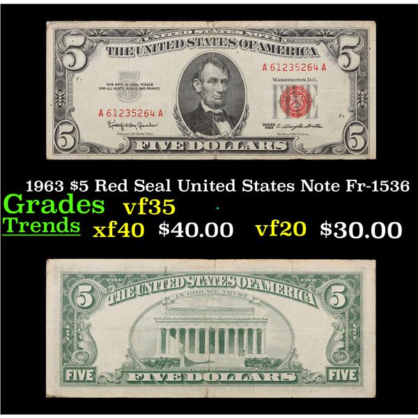 1963 $5 Red Seal United States Note Fr-1536 Grades vf++