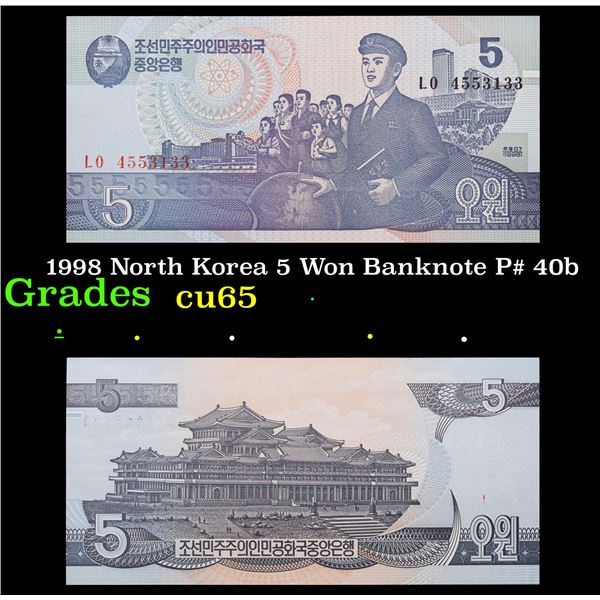 1998 North Korea 5 Won Banknote P# 40b Grades Gem CU
