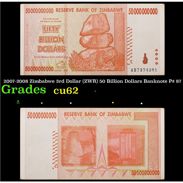 2007-2008 Zimbabwe 3rd Dollar (ZWR) 50 Billion Dollars Banknote P# 87 Grades Select CU