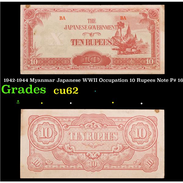 1942-1944 Myanmar Japanese WWII Occupation 10 Rupees Note P# 16b Grades Select CU