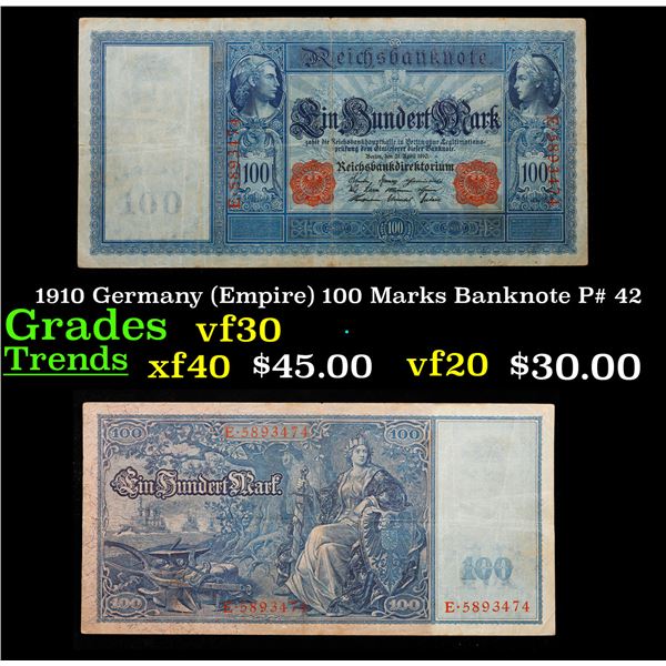 1910 Germany (Empire) 100 Marks Banknote P# 42 Grades vf++