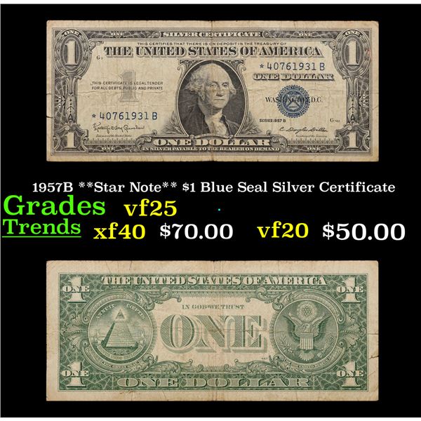 1957B **Star Note** $1 Blue Seal Silver Certificate Grades vf+