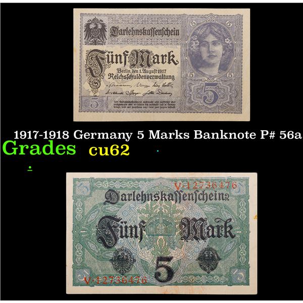 1917-1918 Germany 5 Marks Banknote P# 56a Grades Select CU