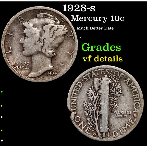 1928-s Mercury Dime 10c Grades vf details