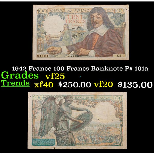 1942 France 100 Francs Banknote P# 101a Grades vf+