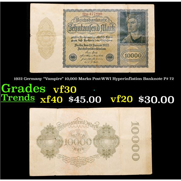 1922 Germany "Vampire" 10,000 Marks Post-WWI Hyperinflation Banknote P# 72 Grades vf++
