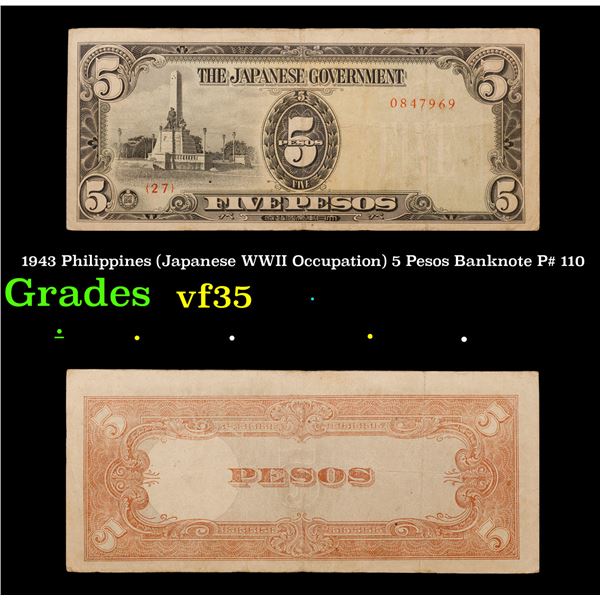 1943 Philippines (Japanese WWII Occupation) 5 Pesos Banknote P# 110 Grades vf++
