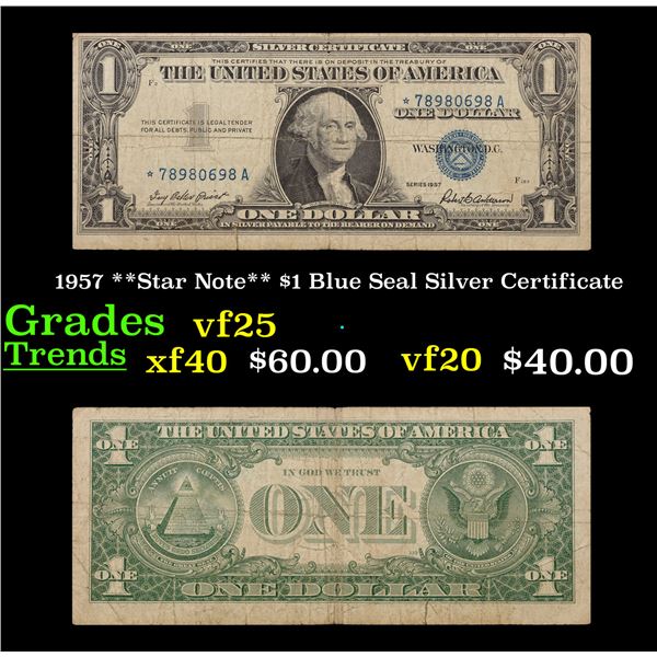 1957 **Star Note** $1 Blue Seal Silver Certificate Grades vf+