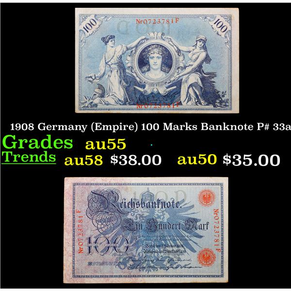 1908 Germany (Empire) 100 Marks Banknote P# 33a Grades Choice AU