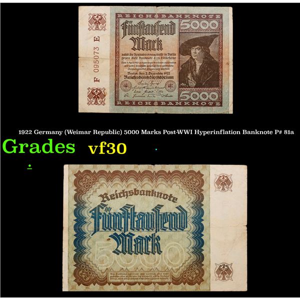 1922 Germany (Weimar Republic) 5000 Marks Post-WWI Hyperinflation Banknote P# 81a Grades vf++