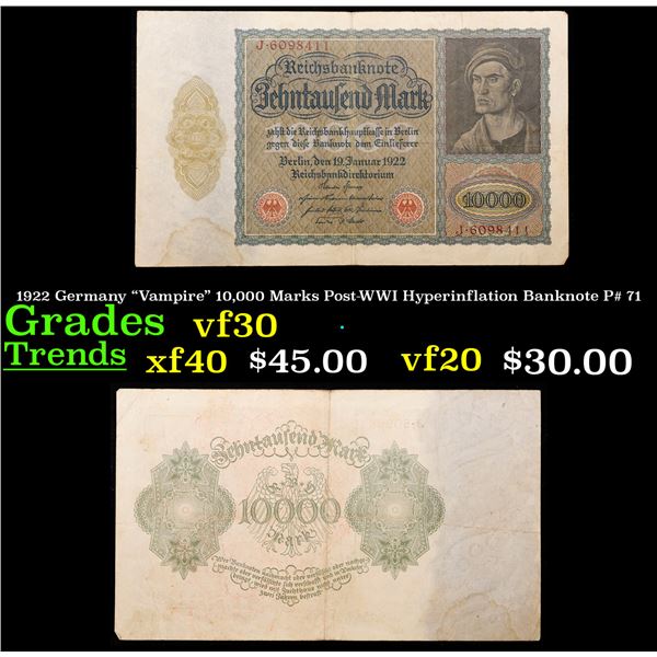 1922 Germany "Vampire" 10,000 Marks Post-WWI Hyperinflation Banknote P# 71 Grades vf++