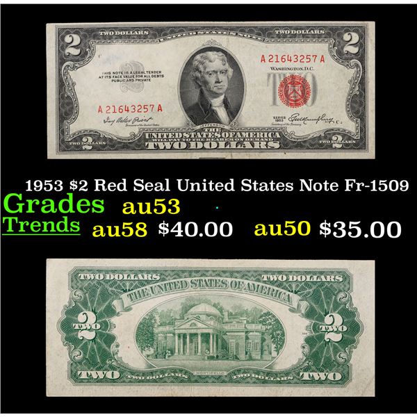1953 $2 Red Seal United States Note Fr-1509 Grades Select AU