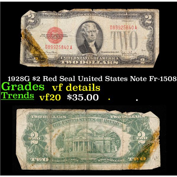 1928G $2 Red Seal United States Note Fr-1508 Grades vf details