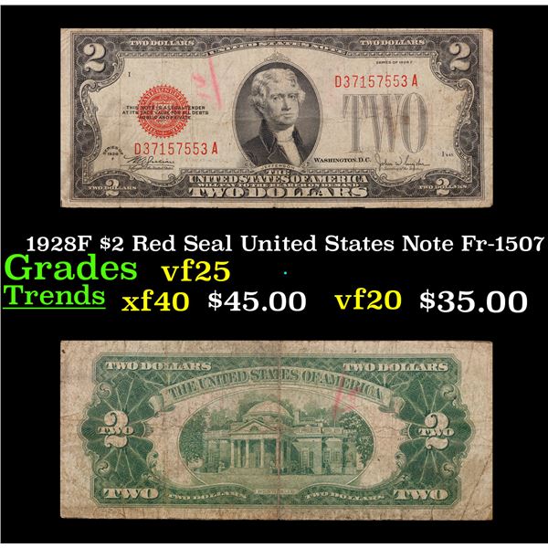1928F $2 Red Seal United States Note Fr-1507 Grades vf+