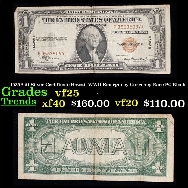 1935A $1 Silver Certificate Hawaii WWII Emergency Currency Rare PC Block Grades vf+