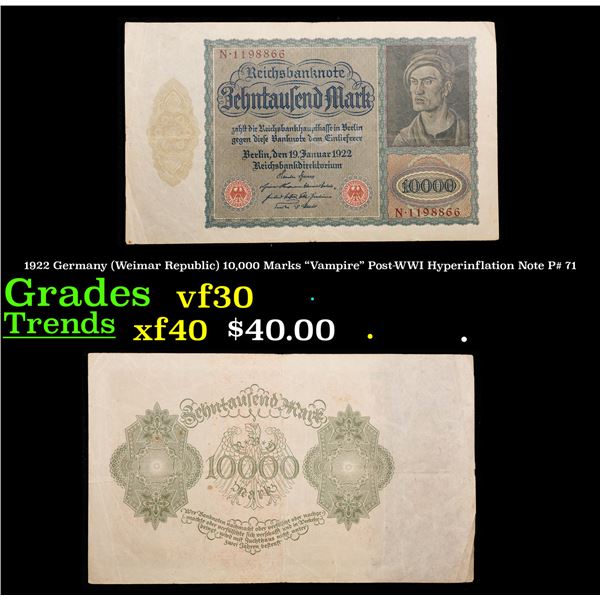 1922 Germany (Weimar Republic) 10,000 Marks "Vampire" Post-WWI Hyperinflation Note P# 71 Grades vf++