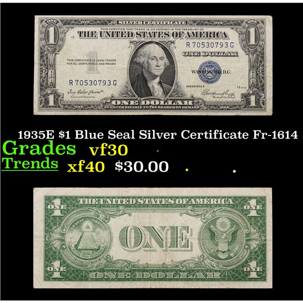 1935E $1 Blue Seal Silver Certificate Fr-1614 Grades vf++