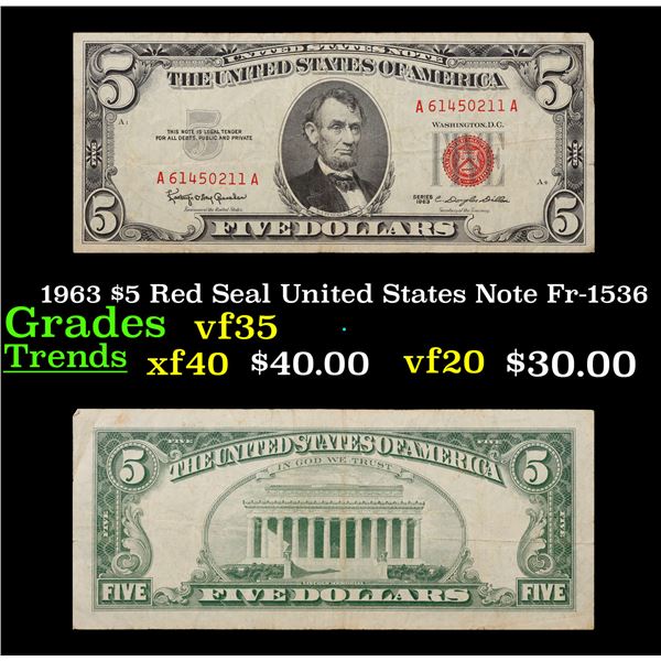 1963 $5 Red Seal United States Note Fr-1536 Grades vf++