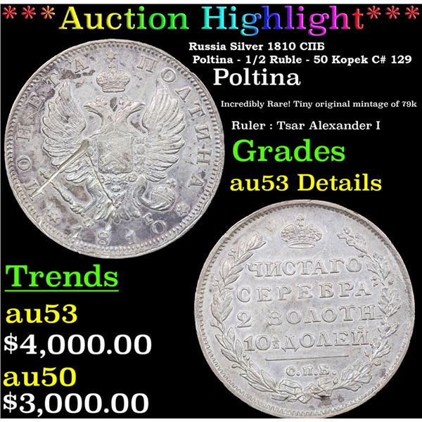 ***Auction Highlight*** Russia Silver 1810 ??? Poltina - 1/2 Ruble - 50 Kopek C# 129 Graded au53 Det