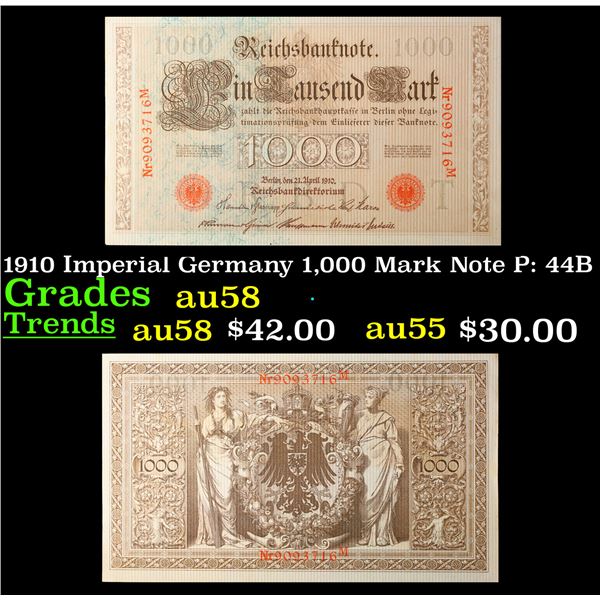 1910 Imperial Germany 1,000 Mark Note P: 44B Grades Choice AU/BU Slider