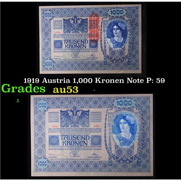 1919 Austria 1,000 Kronen Note P: 59 Grades Select AU