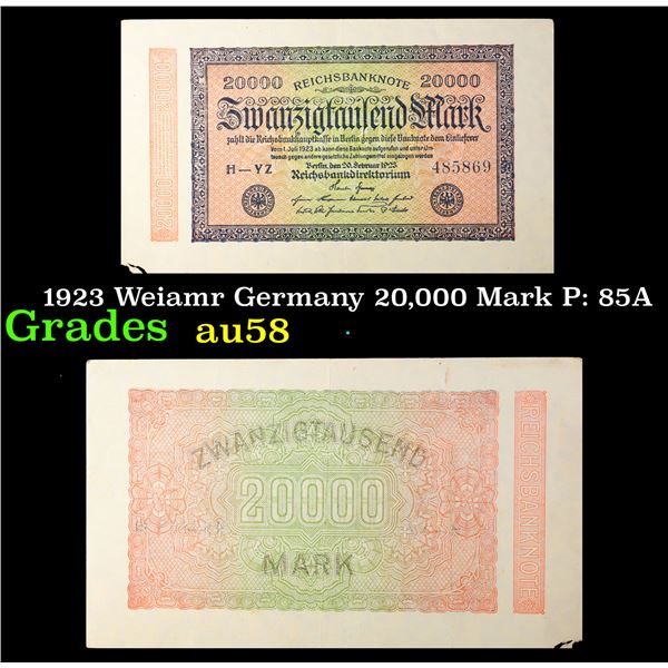 1923 Weiamr Germany 20,000 Mark P: 85A Grades Choice AU/BU Slider