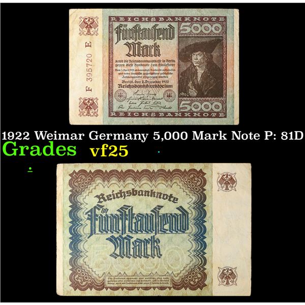 1922 Weimar Germany 5,000 Mark Note P: 81D Grades vf+