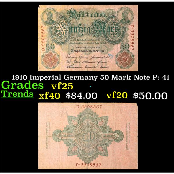 1910 Imperial Germany 50 Mark Note P: 41 Grades vf+