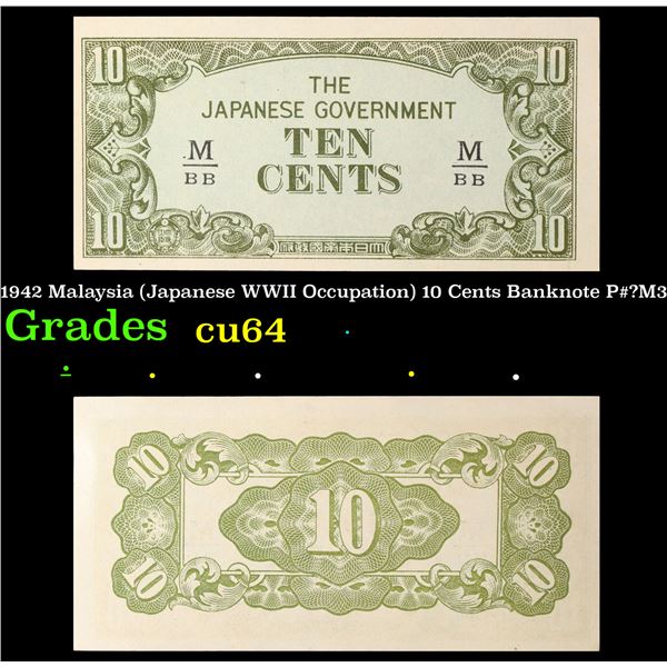 1942 Malaysia (Japanese WWII Occupation) 10 Cents Banknote P#?M3 Grades Choice CU