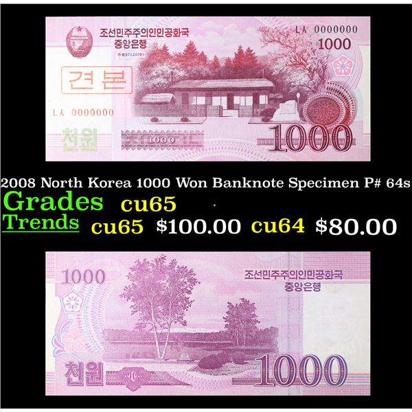 2008 North Korea 1000 Won Banknote Specimen P# 64s Grades Gem CU