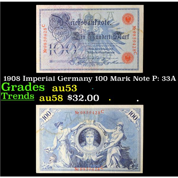 1908 Imperial Germany 100 Mark Note P: 33A Grades Select AU