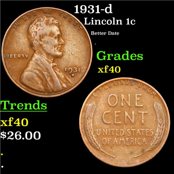 1931-d Lincoln Cent 1c Grades xf