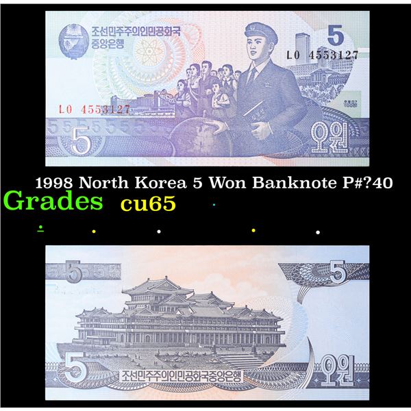 1998 North Korea 5 Won Banknote P#?40 Grades Gem CU