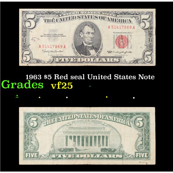 1963 $5 Red seal United States Note Grades vf+