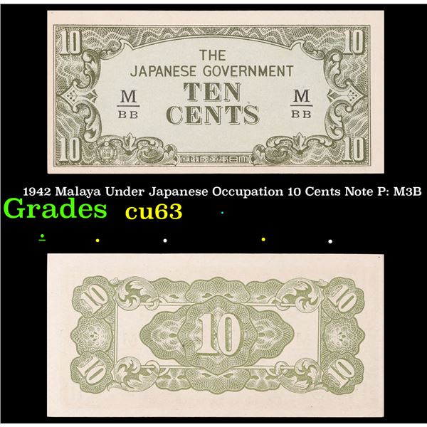 1942 Malaya Under Japanese Occupation 10 Cents Note P: M3B Grades Select CU