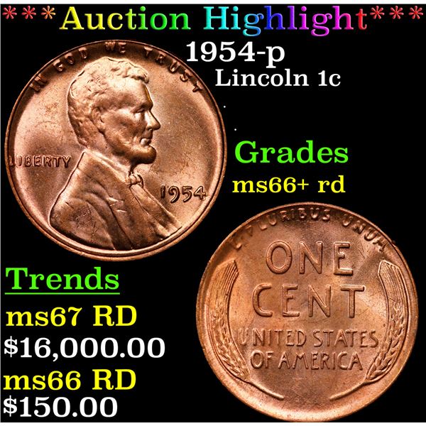 ***Auction Highlight*** 1954-p Lincoln Cent 1c Graded GEM++ RD By USCG (fc)