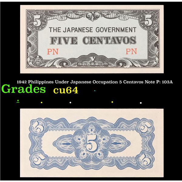 1942 Philippines Under Japanese Occupation 5 Centavos Note P: 103A Grades Choice CU