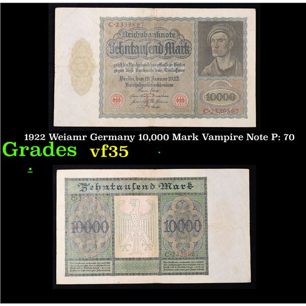 1922 Weiamr Germany 10,000 Mark Vampire Note P: 70 Grades vf++