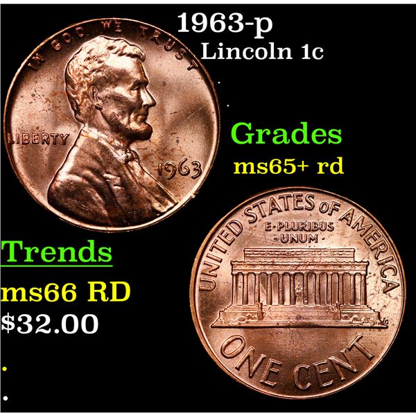 1963-p Lincoln Cent 1c Grades Gem+ Unc RD