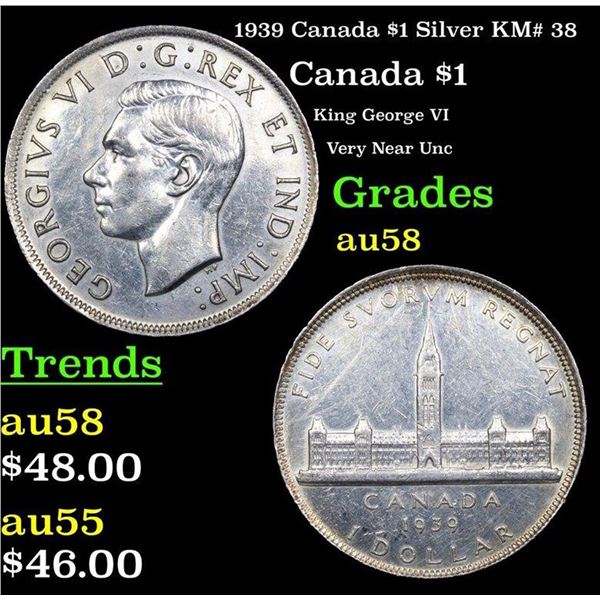 1939 Canada $1 Silver KM# 38 Grades Choice AU/BU Slider