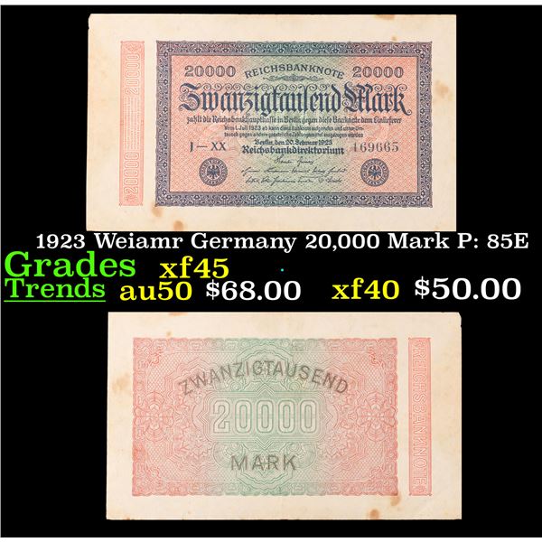 1923 Weiamr Germany 20,000 Mark P: 85E Grades xf+