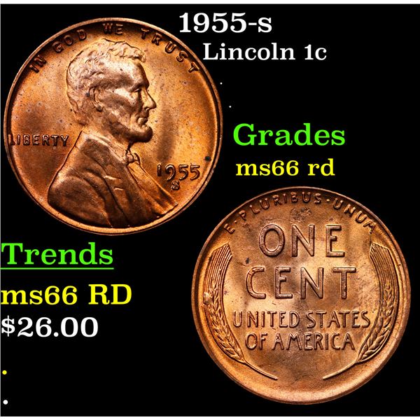 1955-s Lincoln Cent 1c Grades GEM+ Unc RD