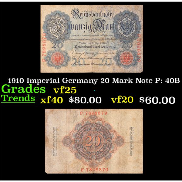 1910 Imperial Germany 20 Mark Note P: 40B Grades vf+