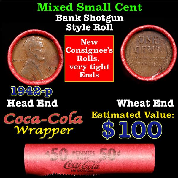 Mixed small cents 1c orig shotgun roll, 1942-p Lincoln Cent, Wheat Cent other end, Coca Cola Brandt 