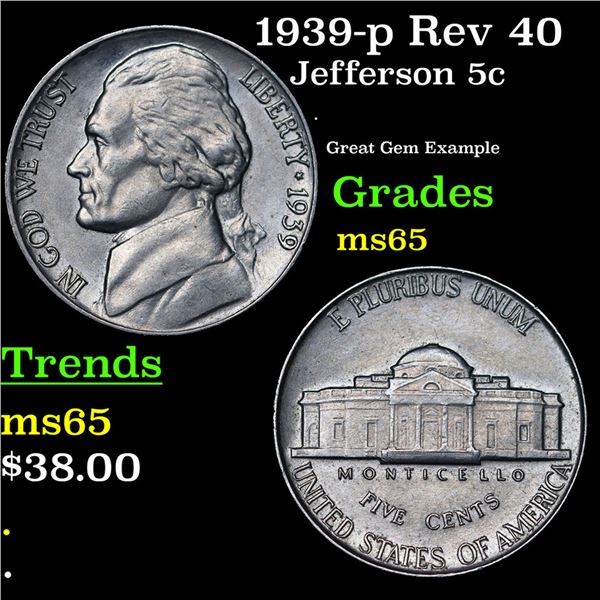 1939-p Rev 40 Jefferson Nickel 5c Grades GEM Unc