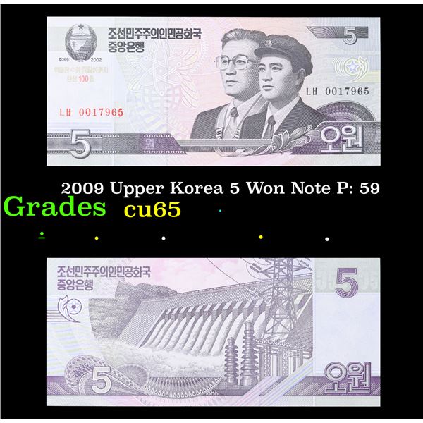 2009 Upper Korea 5 Won Note P: 59 Grades Gem CU