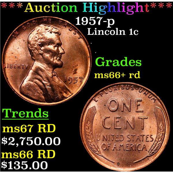 ***Auction Highlight*** 1957-p Lincoln Cent 1c Graded GEM++ RD By USCG (fc)
