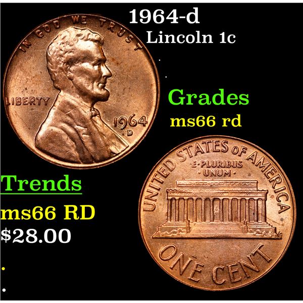 1964-d Lincoln Cent 1c Grades GEM+ Unc RD
