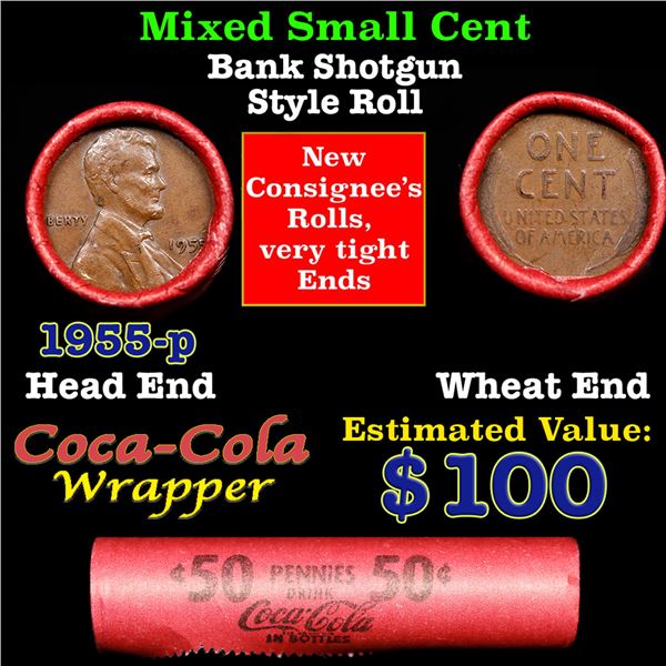 Mixed small cents 1c orig shotgun roll,  Wheat Cent, 1955-p Lincoln Cent other end, Coca Cola Brandt