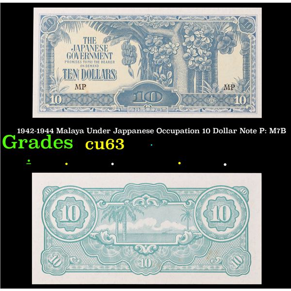 1942-1944 Malaya Under Jappanese Occupation 10 Dollar Note P: M7B Grades Select CU